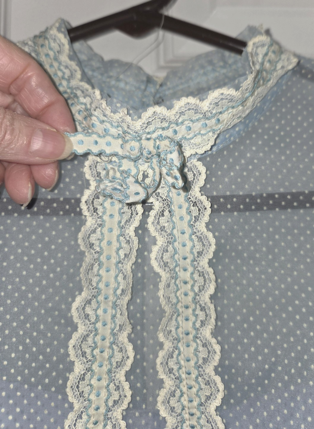 VTG Handmade Blue Flocked Dotted Swiss Dot Maxi Dress Prairie Cottagecore Small
