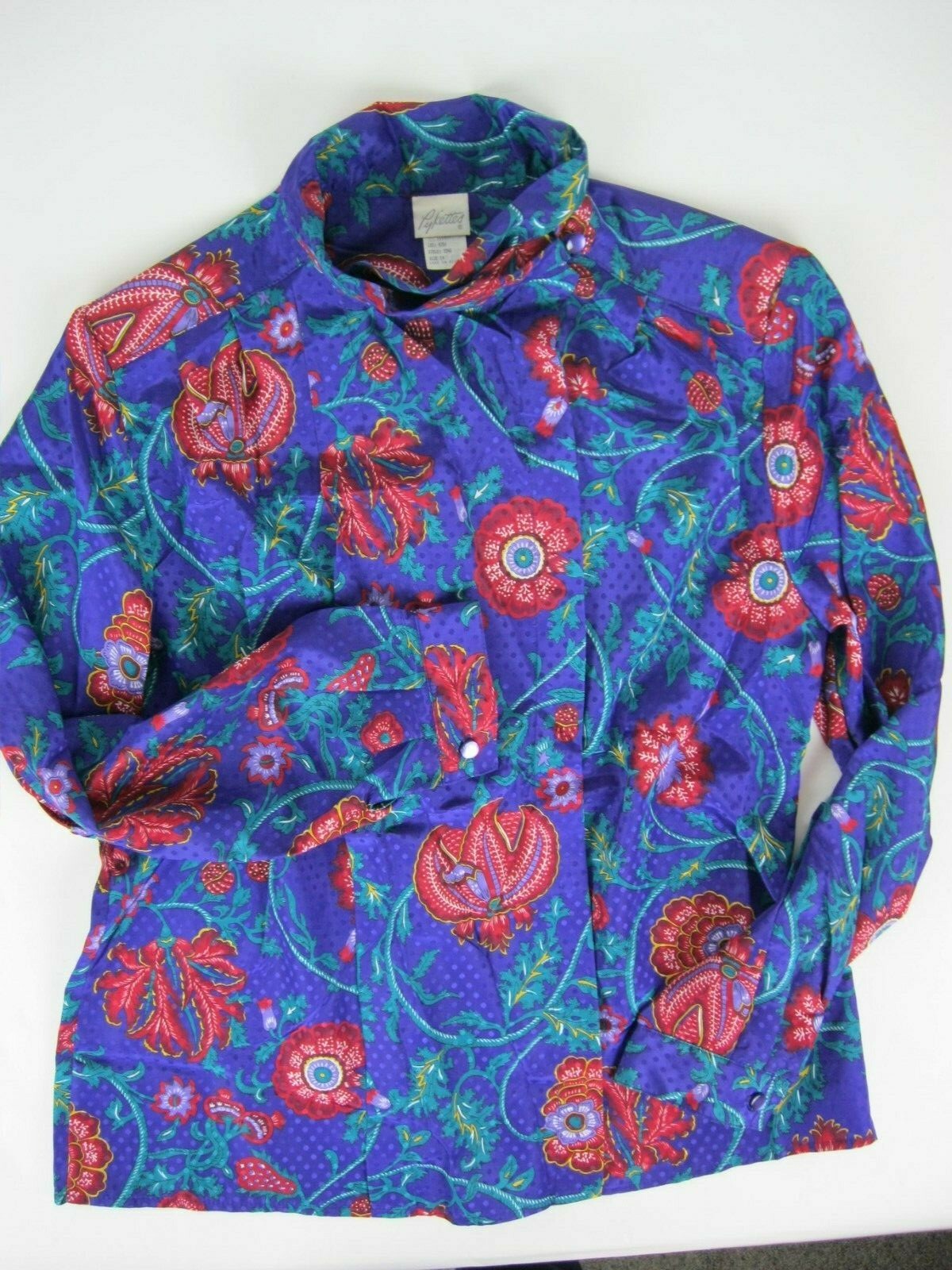 Pykettes Vintage Blouse Size 14 Purple Red Green Long Sleeve Hidden Button Front