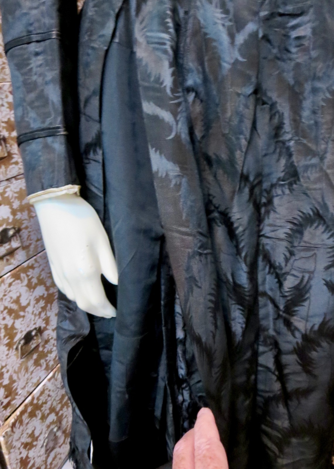 Antique 1860s Black Silk Mourning Dress Fern Pattern Fringe & Ruffle 2 Piece