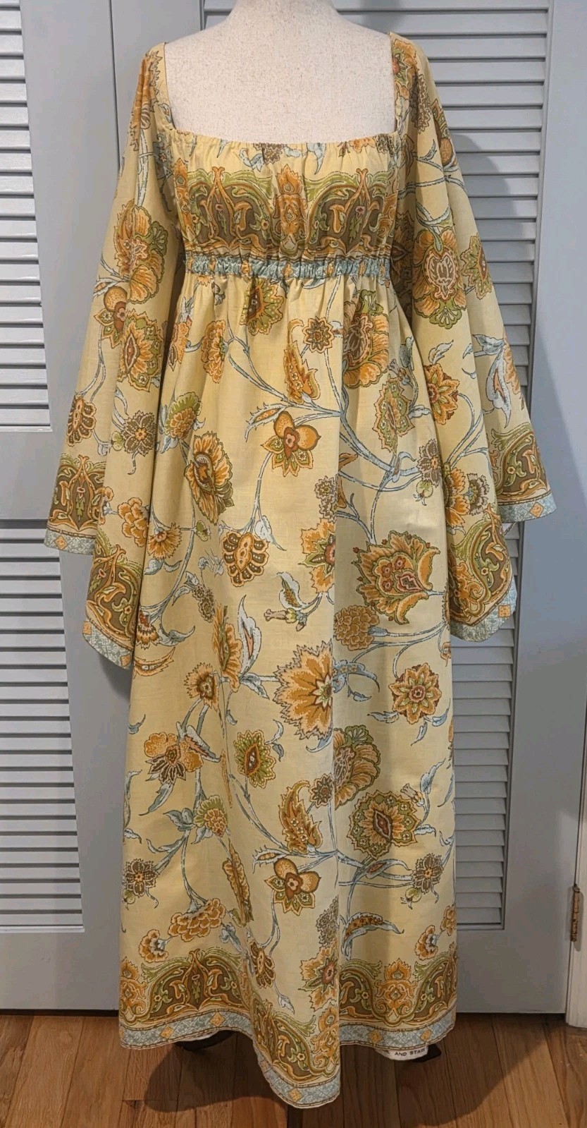 70s Vintage Maxi Dress Angel Sleeves Bloomcraft Du Pont Zepel Fabrics Handmade