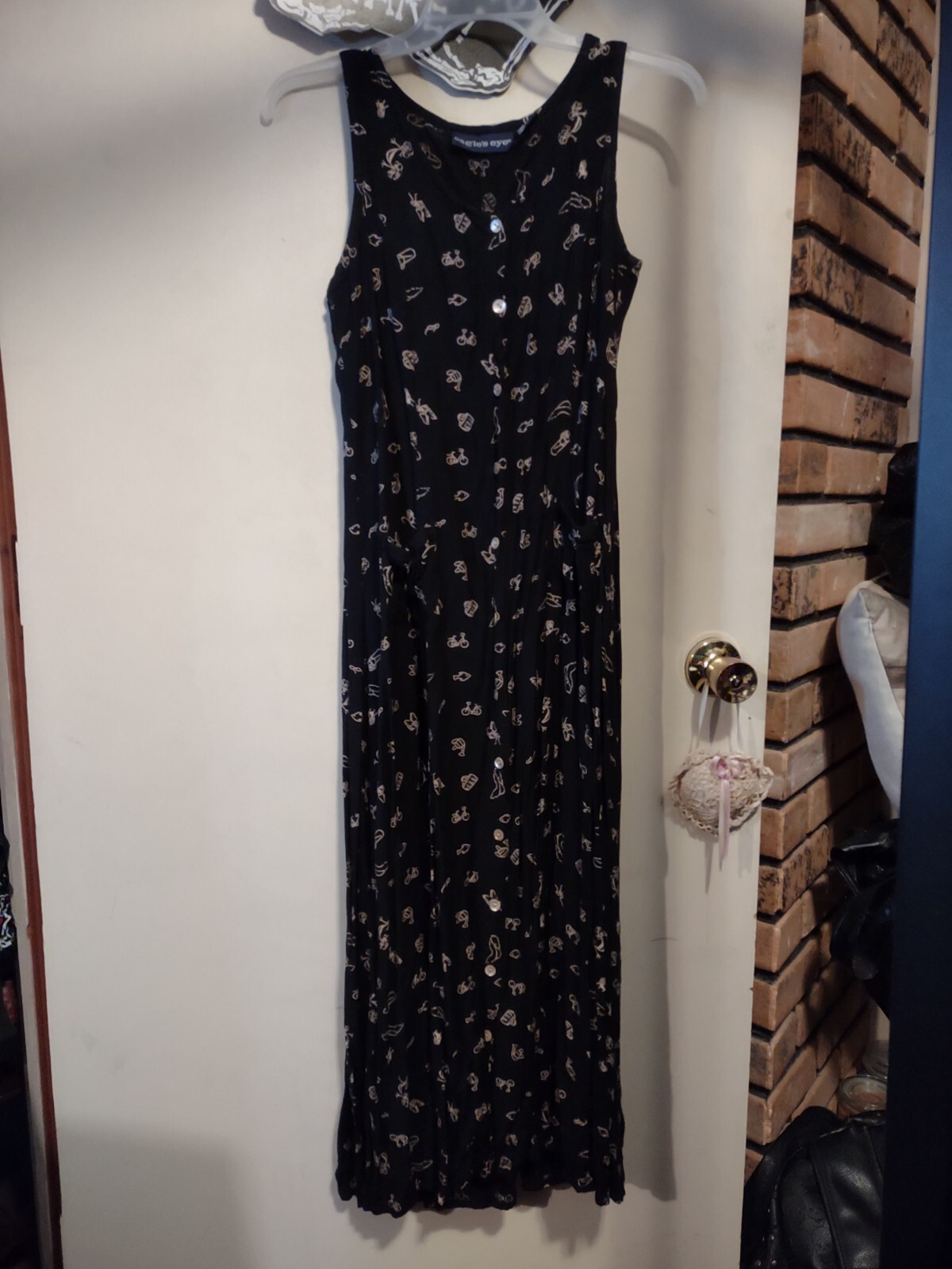 Vintage Eagles Eye Shell Button Dress Pockets Tie Back Boho Grunge Goth Hippie