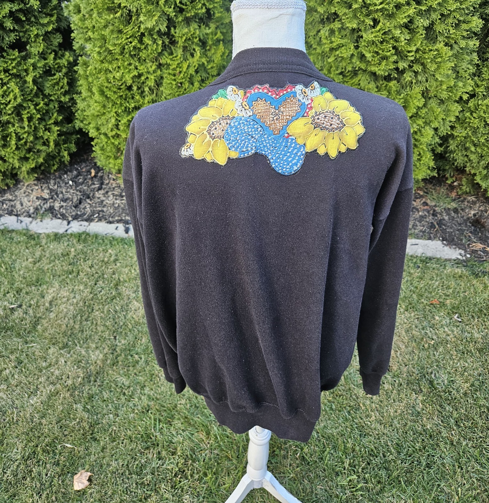 Vtg Quitman USA Sweatshirt Black Painted Applique Sunflower Corn Art One Size