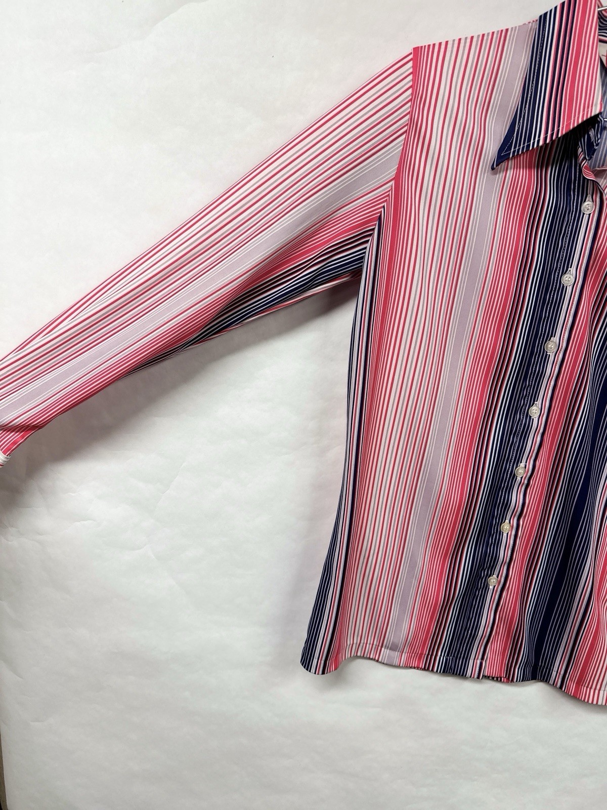 Vintage 70s Barcode Stripe Polyester Button Up Blouse Red Blue Spiegel M / L