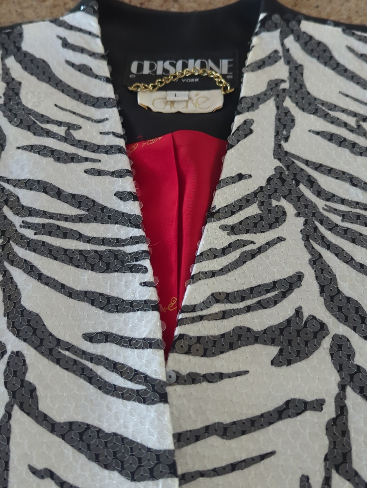 Vintage Woman Sz L Criscione New York Black Blazer Sequin Lined Zebra Design USA