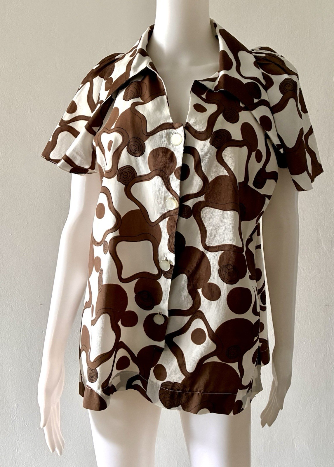Vintage 70s Brown White Blouse Shirt Long Collar Size L