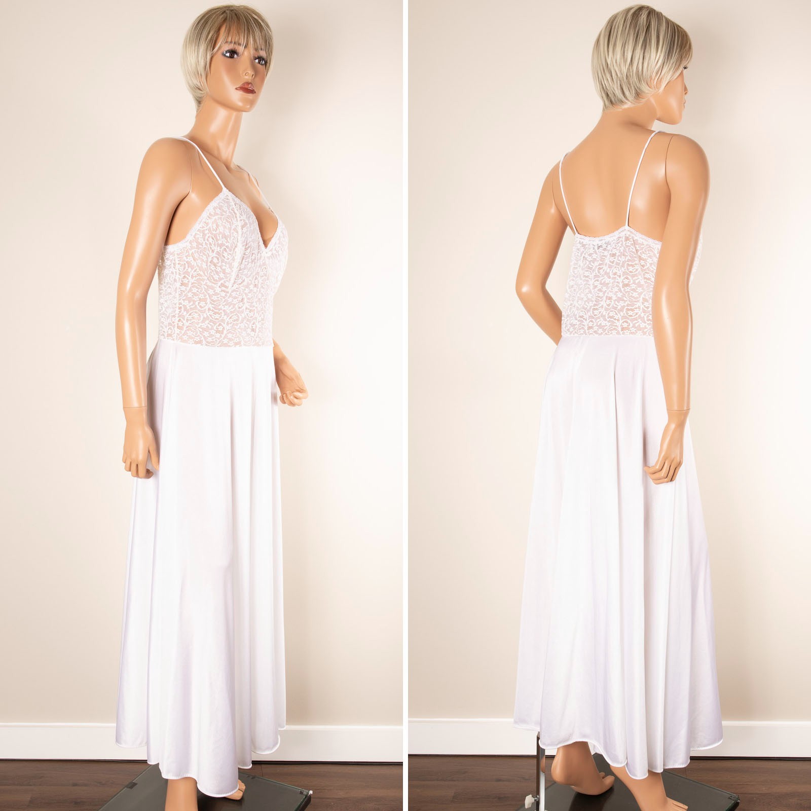 VTG VASSARETTE Peignoir Set White LARGE Stretch Lace Bodice Gown & Robe Bridal