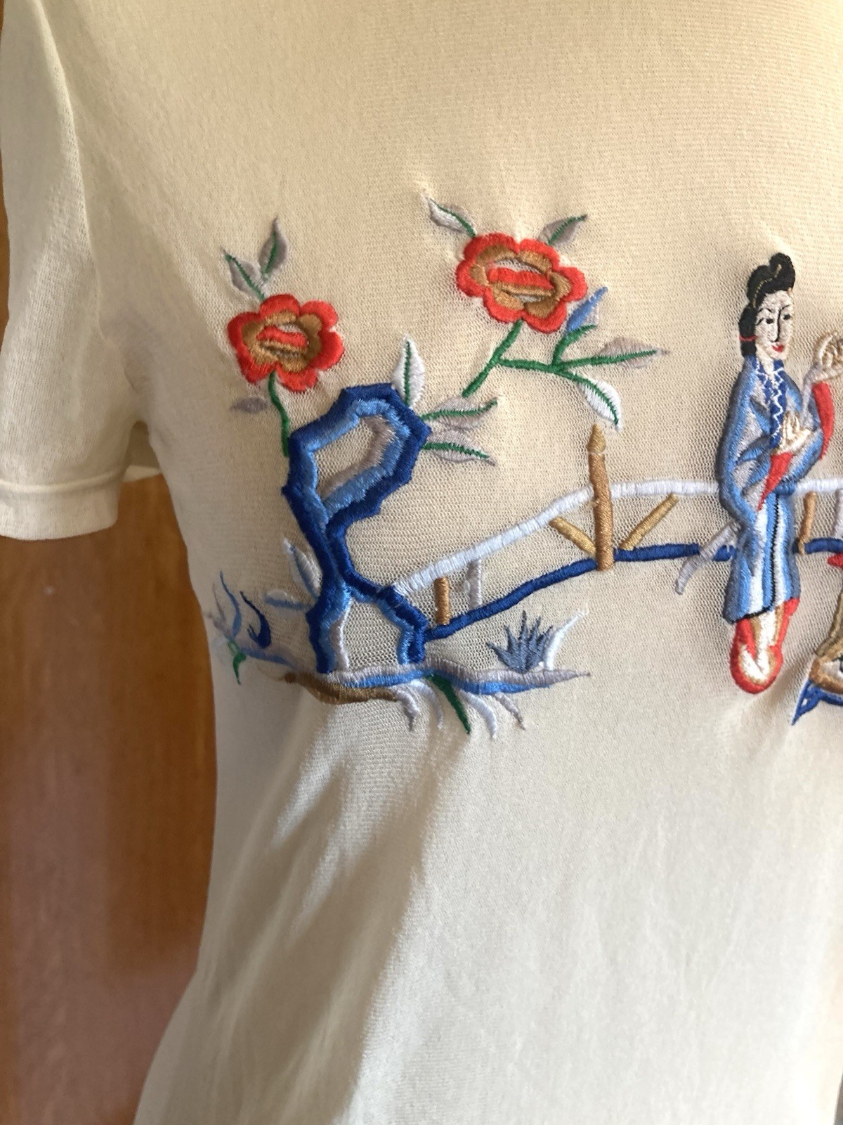 Vintage 1990s Vivienne Tam mesh top embroidered Asian figures, flowers