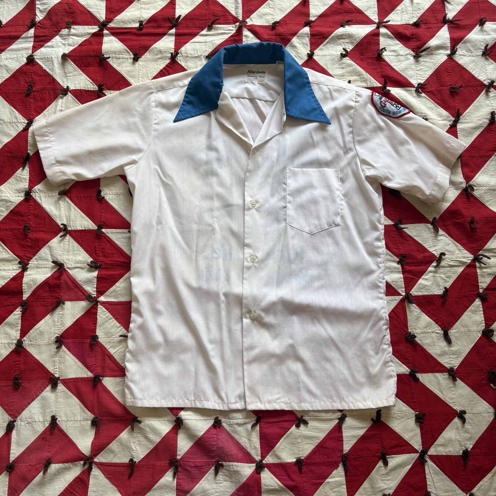Vintage 1960s King Louie Bowling Shirt Women’s As Is Worn Flaws Blue And White