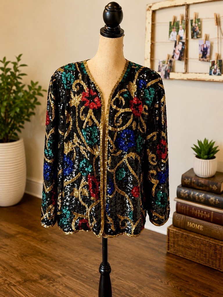 VTG Scala Silk Sequin Beaded Jacket Womens 1X Plus Jewel Tone Floral Open Front