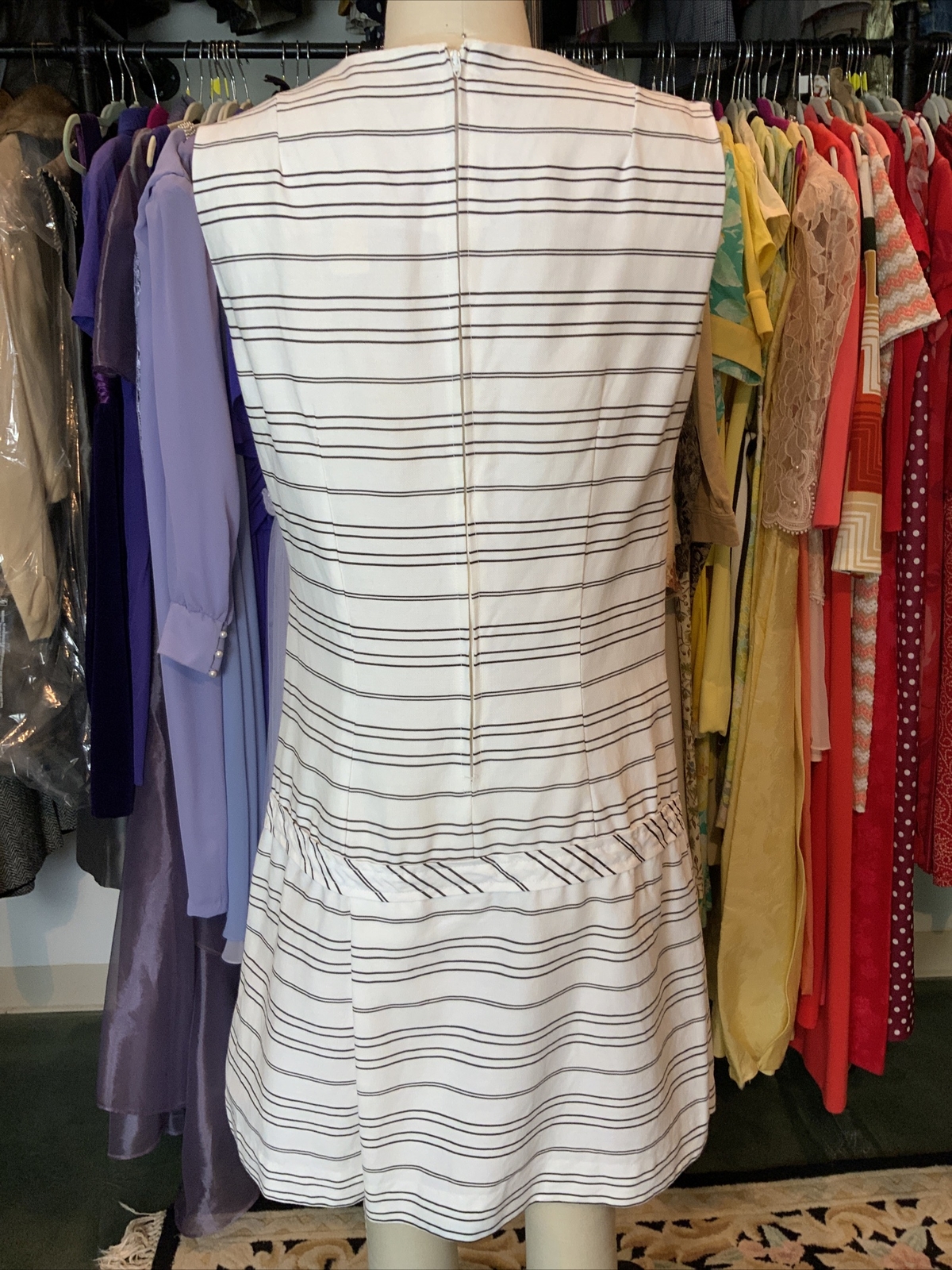 1960s White & Black Striped Culotte Dress Cotton Size 8 Bust 35 Sleeveless Mint