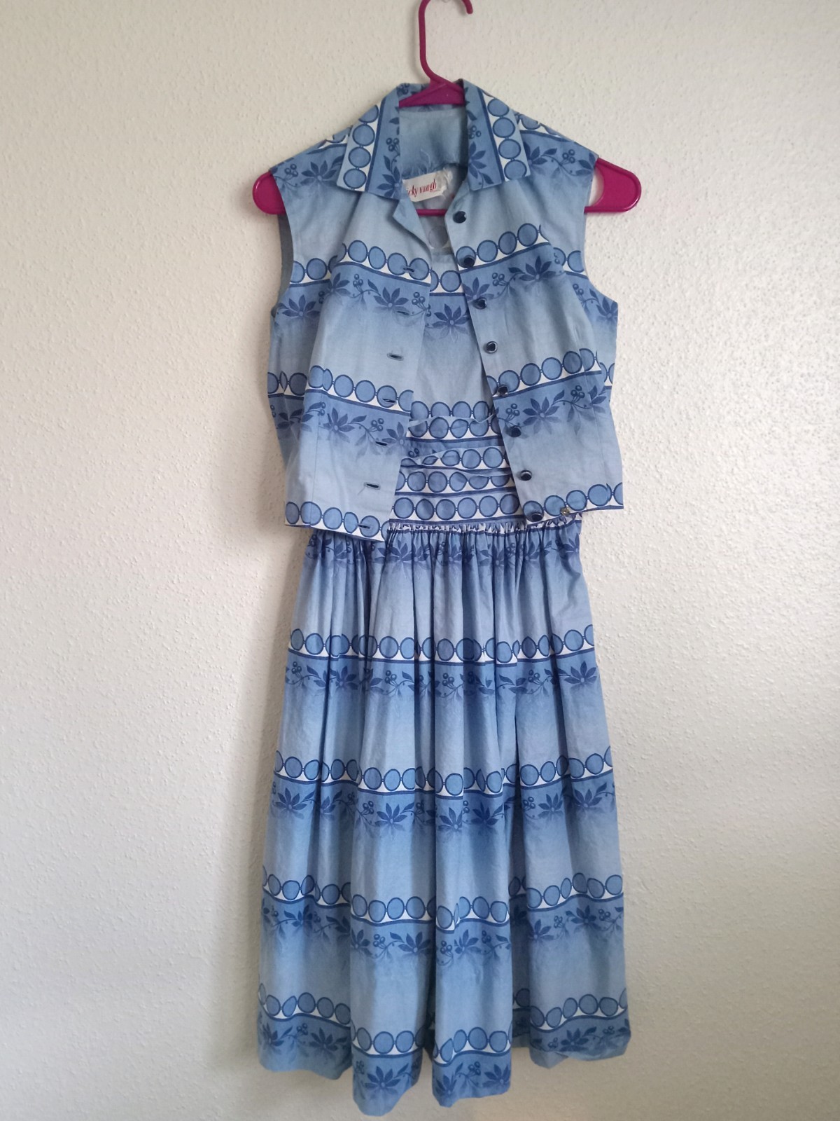 Vintage 1950s Vicky Vaughn Sundress and Shirt Set Blue Mid Century Full Skirt