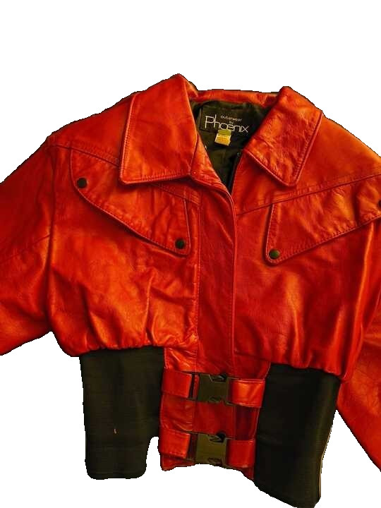 RARE 1990s Outerwear by Phoenix Red Leather Cropped Corset Waist Moto Bomber S