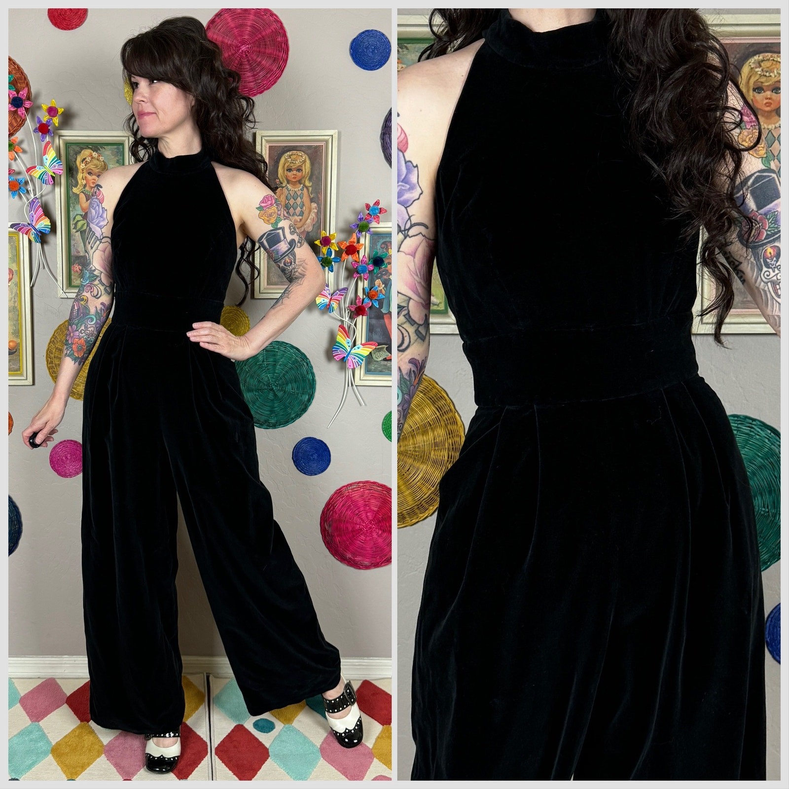 Vintage 1980s Black Velvet Halter Cut Out Back Wide Leg Jumpsuit | 26″ Waist