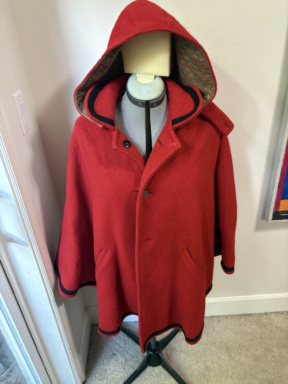 Vintage German Red Riding Hood Cape Coat w/ Removable Hood, Wool & Lined, sz S-L