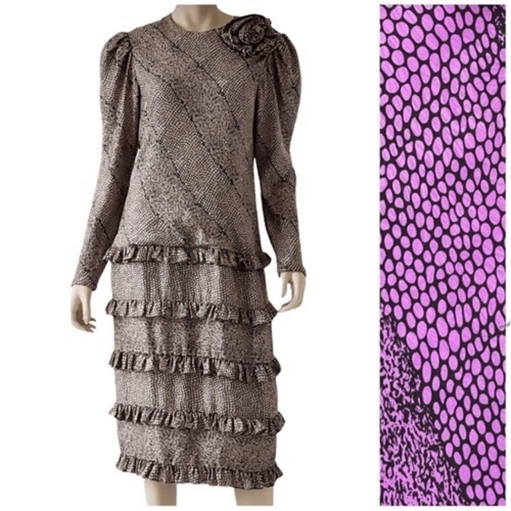 T7 80s VTG Jill Richards 100% Silk Ruffle Tiered Snake Print Dress Puff Sleeve