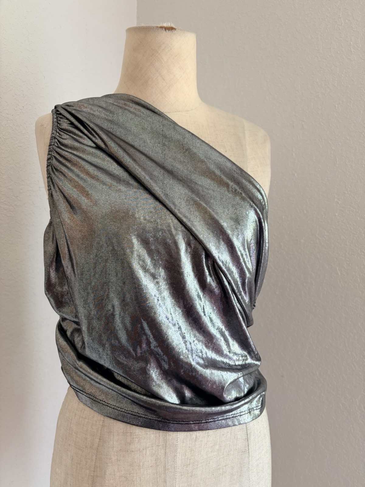 VTG WearEver Top One Shoulder Going Out Top Metallic Silver Lame Slinky Crop Y2K