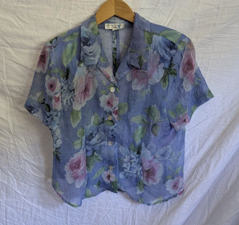 Miss Dorby Vtg Floral Crinkle Button Up Fly Away Blouse Periwinkle Sz 12P Fairy