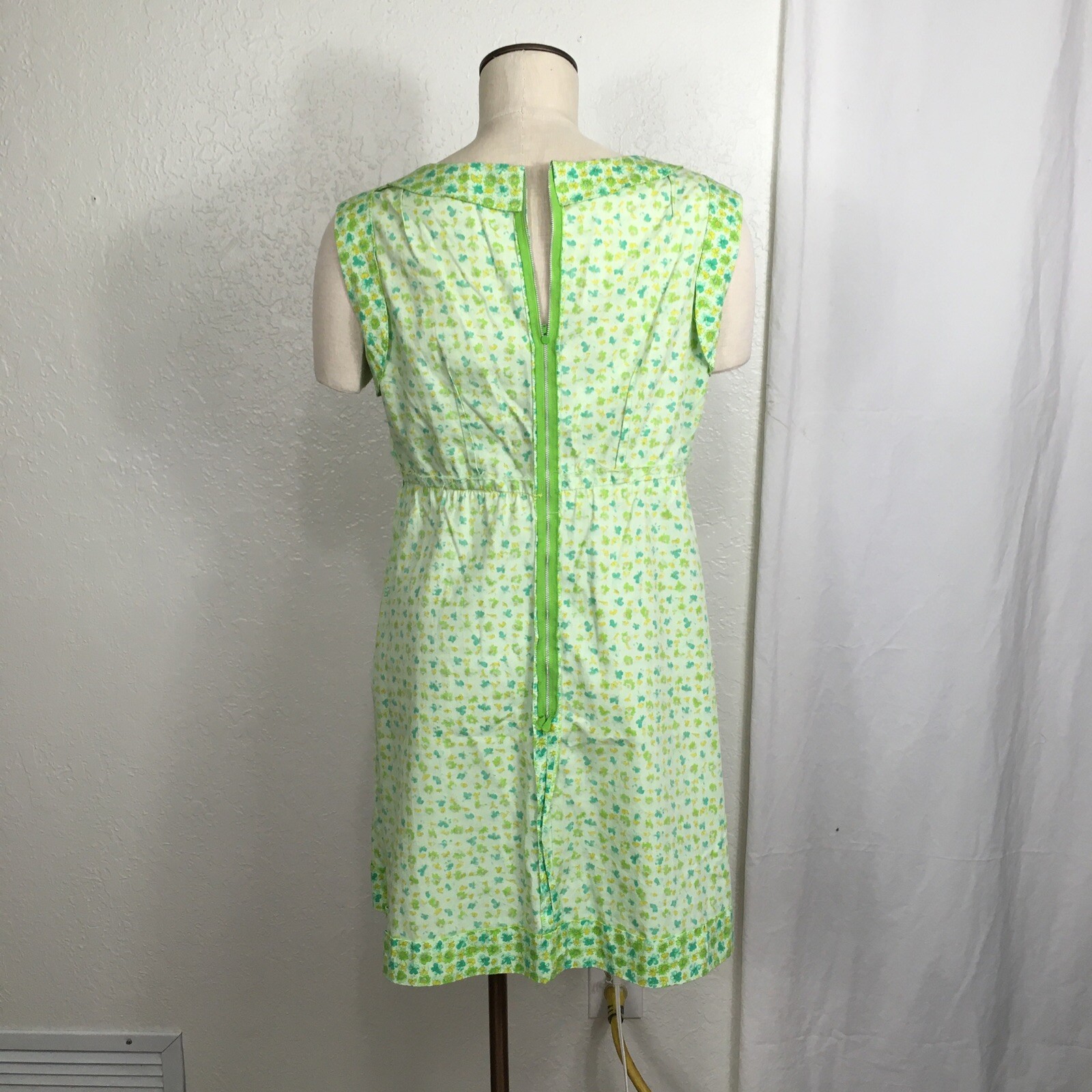 Vintage 1970 Handmade Dress Green Yellow Floral Ribbon Waistband Sleeveless 12