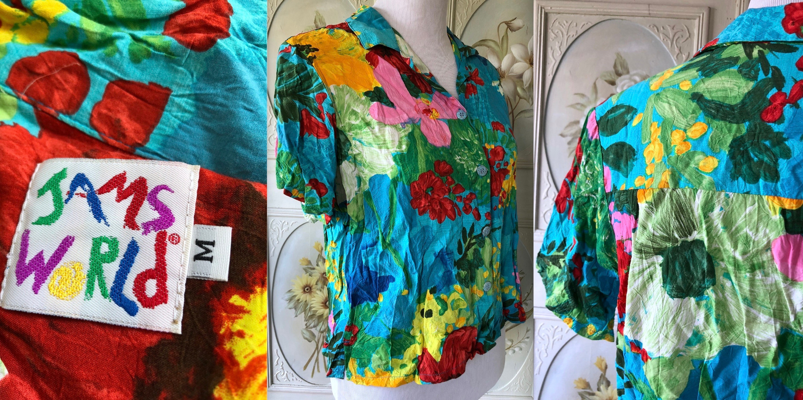 VTG 90s JAMS WORLD BLUE GARDEN ALOHA TOP RAYON HAWAII YELLOW RED PINK FLORAL M