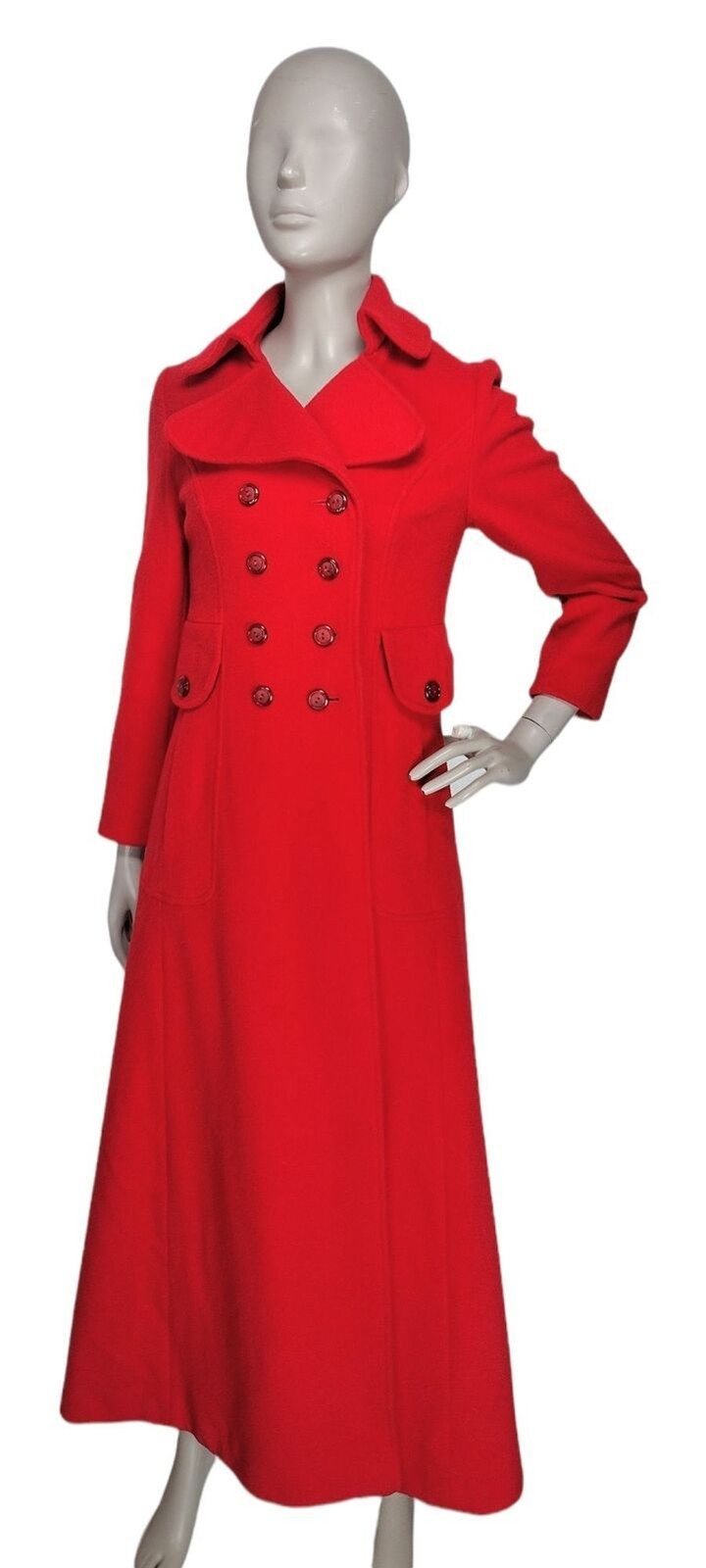 VTG 60s 70s Edwardian Gothic Red Wool Double-Breasted Long Swing Coat XS/S/M