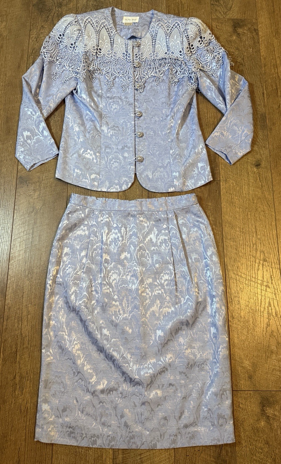 Vintage 2pc Skirt/ButtonTop Sz 12 In the Mood Blue Shimmer Floral Lace