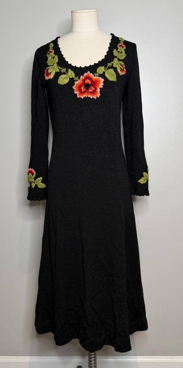 Picardo Knits Vintage 80s 90s Floral Embroidered Black Midi Dress Roses SZ Small