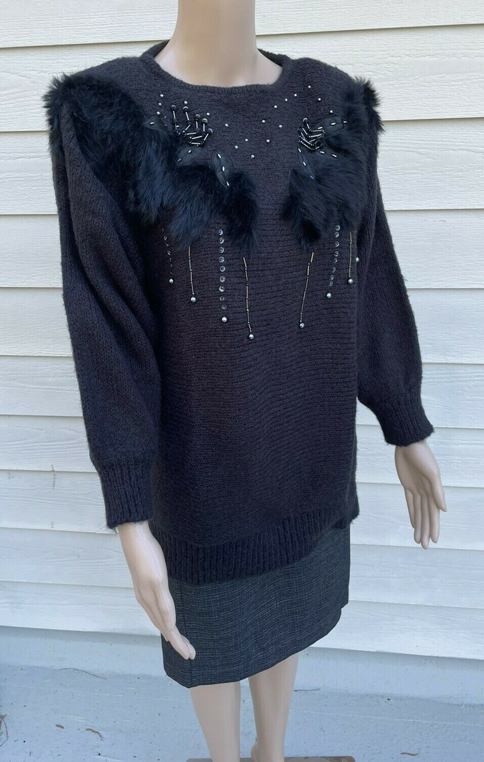 Vintage Adolfo Collectibles M Black Acrylic Mohair Embellished Sequin Sweater