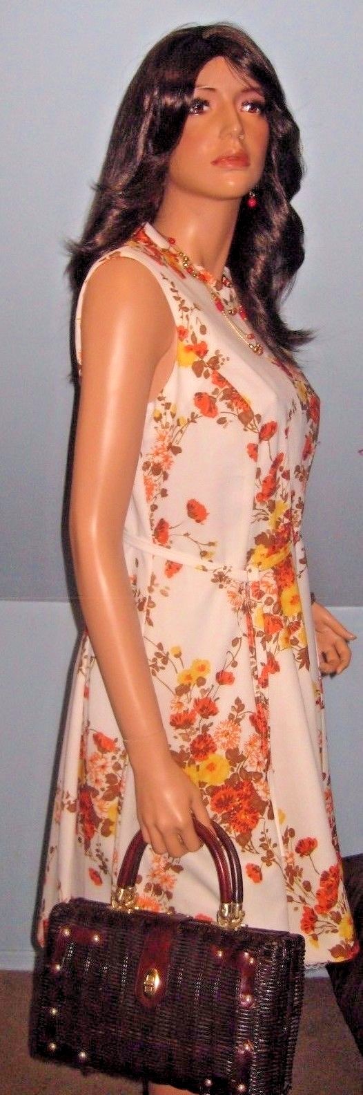 VINTAGE~60’S~ORANGE~YELLOW~FLORAL BOUQUET~MOD FIT & FLARE DRESS SZ L/ XL!