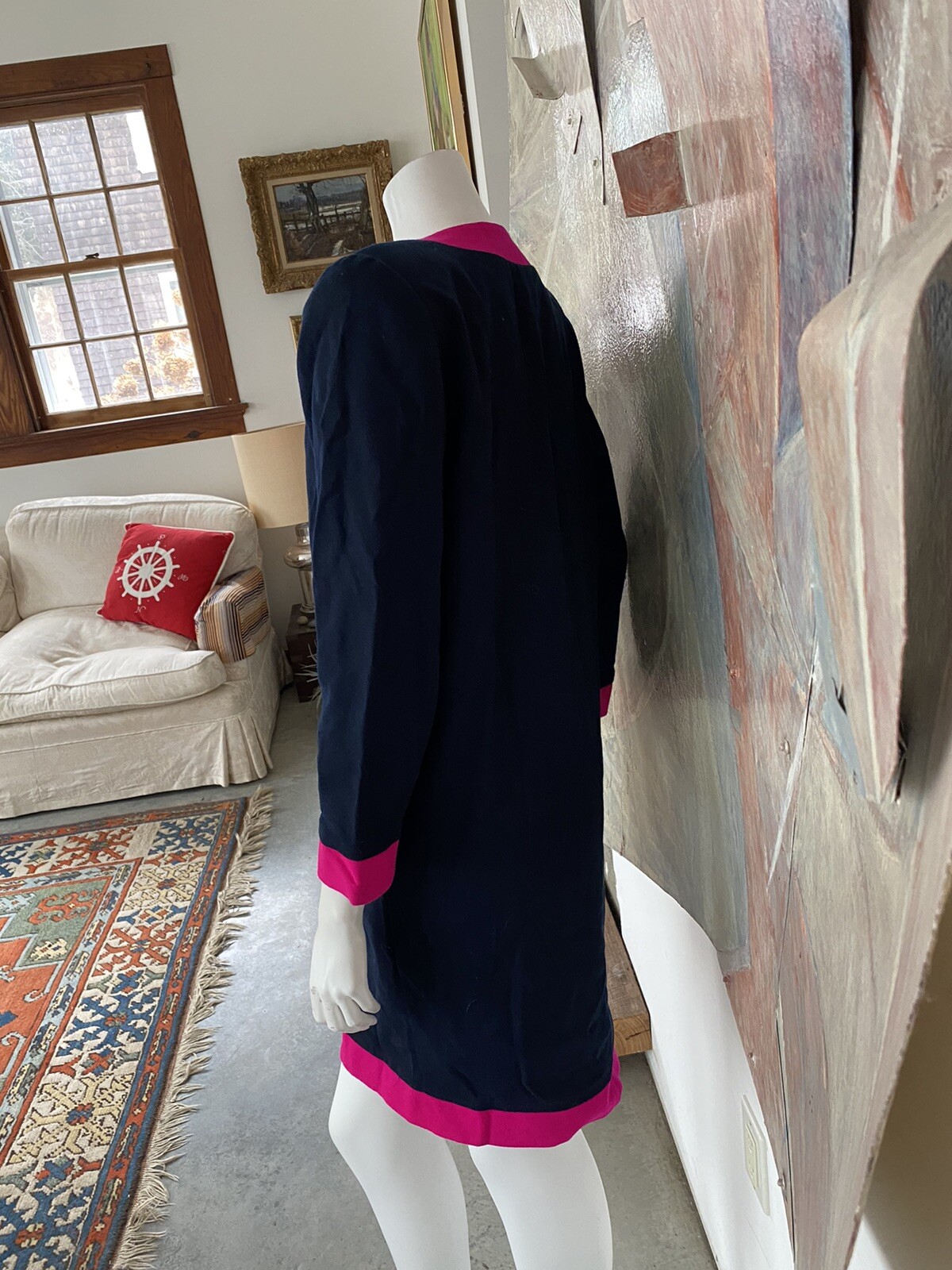Vintage Henri Bendel Neon Pink Blue Wool Shift Zippered Pocketed Dress Size 8