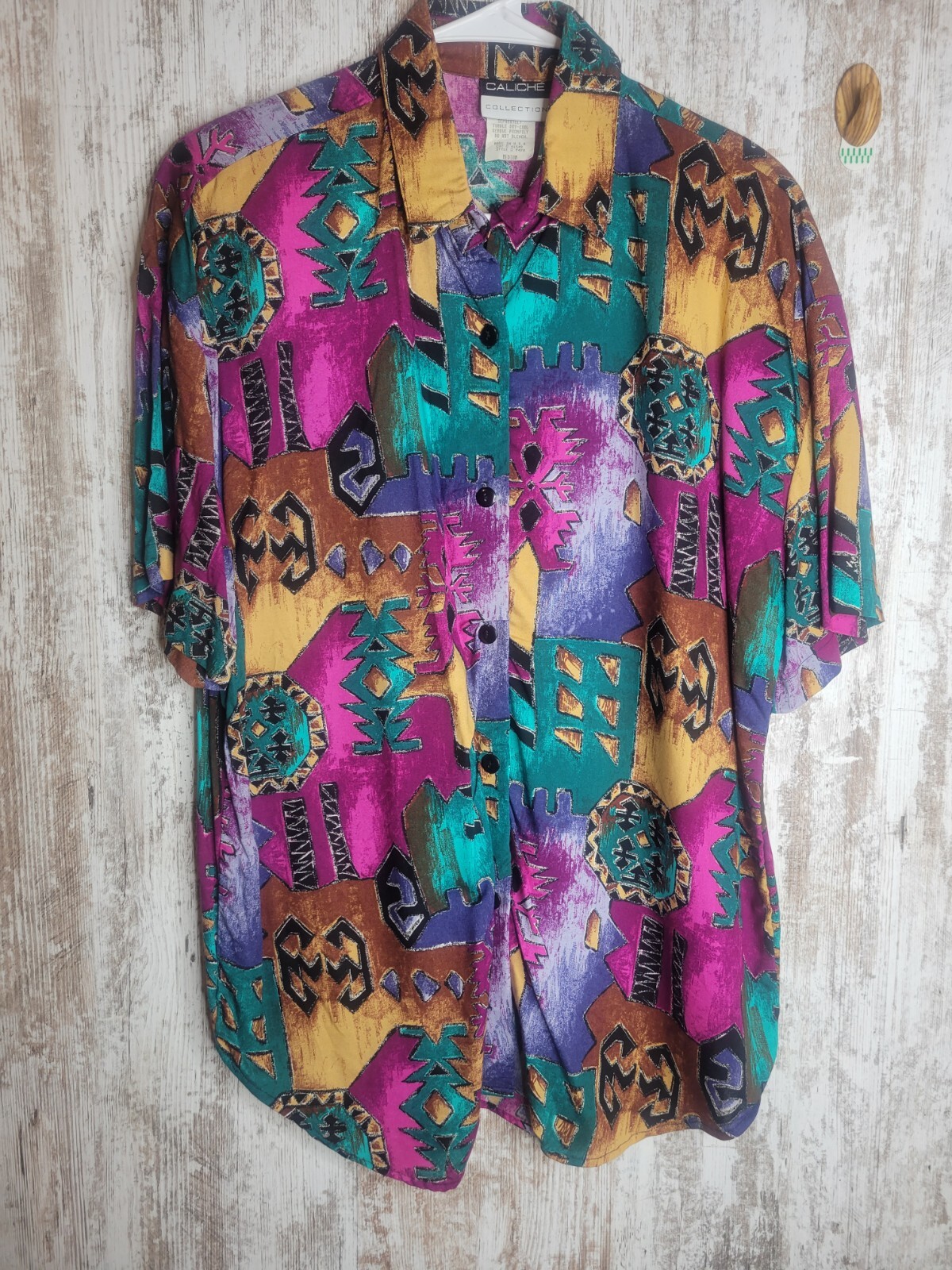 80s 90s Vintage Caliche Med Aztec Bright Art Deco Button Top