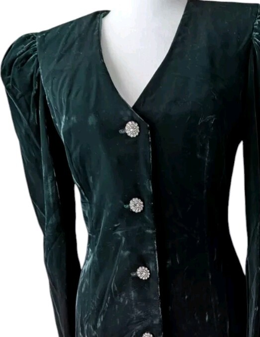 Vtg 80s En Francais Huey Waltzer Emerald Velvet Taffeta Dress Rhinestone Peplum