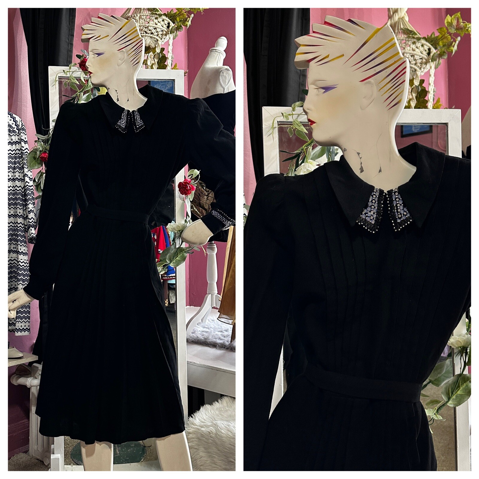 Vintage 30s Art Deco Dress Black Wool Beaded Cocktail Veronique de Paris S/M