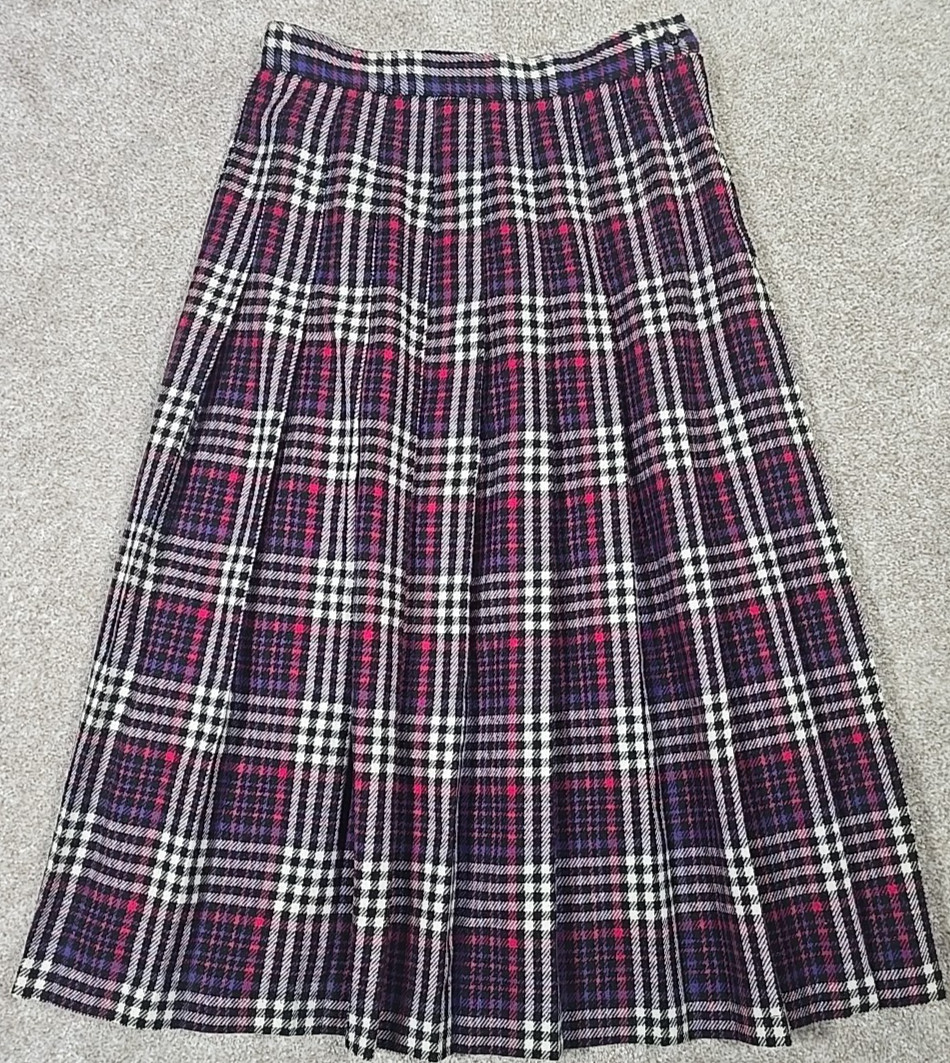 Leslie Fay Plaid Pleated Skirt Mid Length Poly Wool Blend USA Made Women’s 12