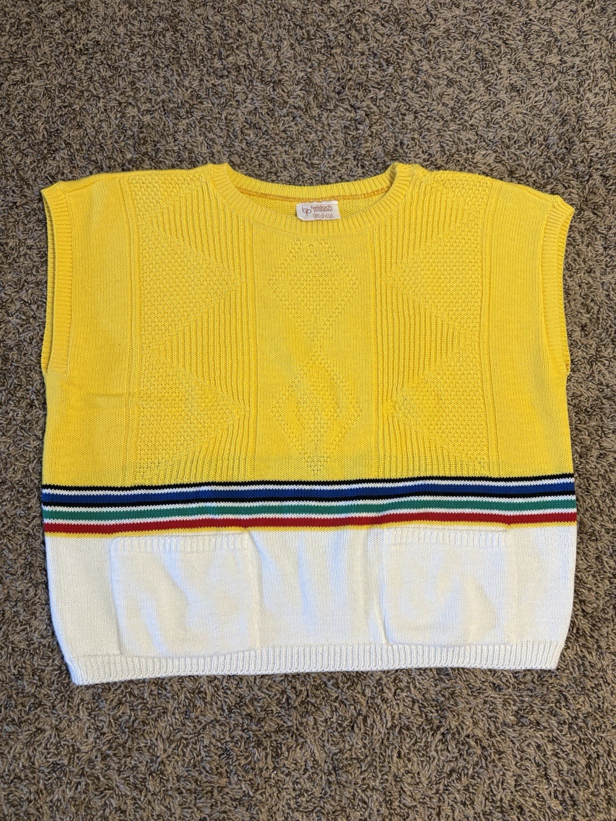 VTG 70s 80s Beldoch Popper Sweater Yellow Rainbow Stripe Knit Pockets