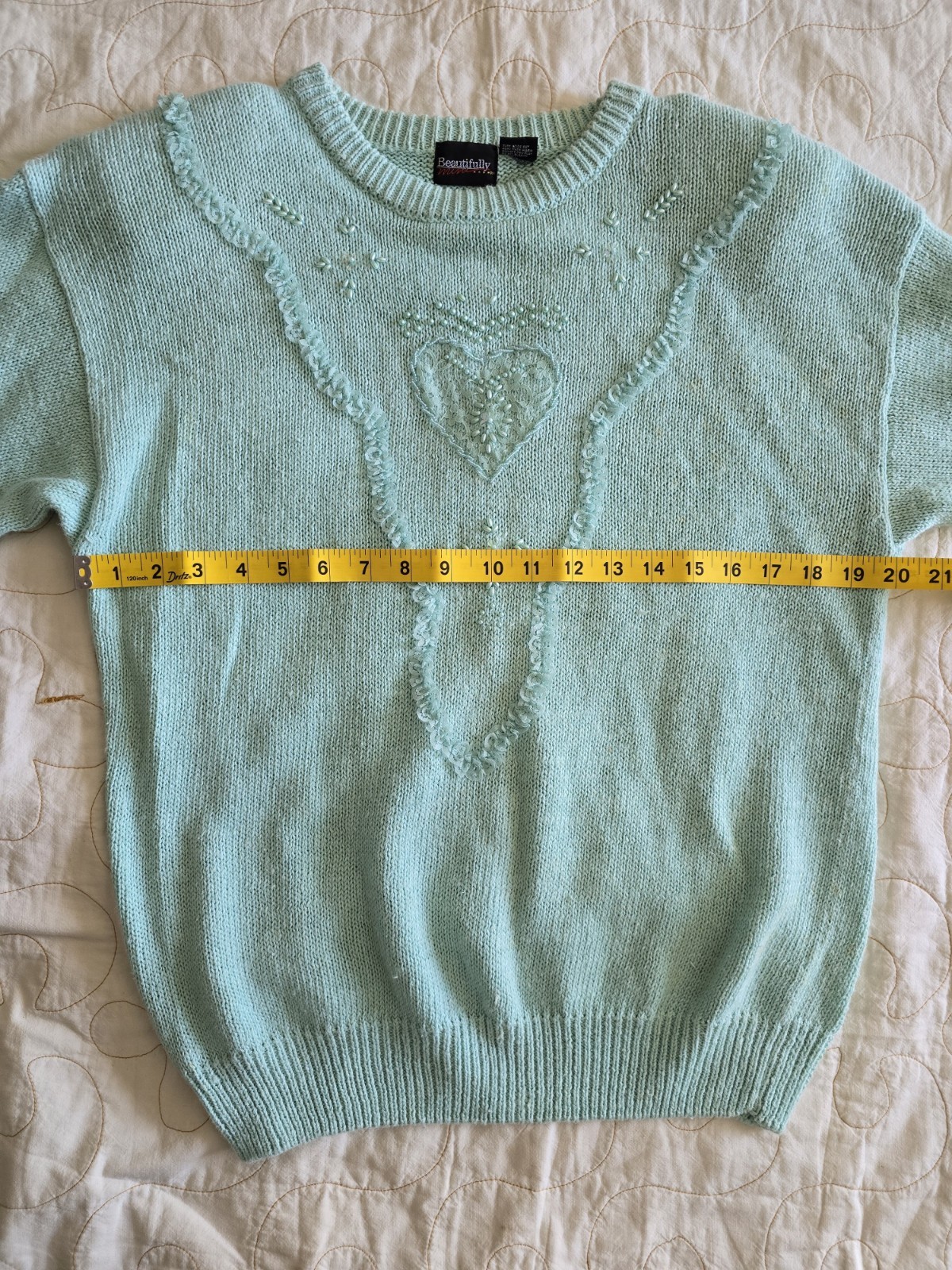 Vintage 80s Mint Green Beaded Heart Sweater Womens Med Cottagecore Grandmacore