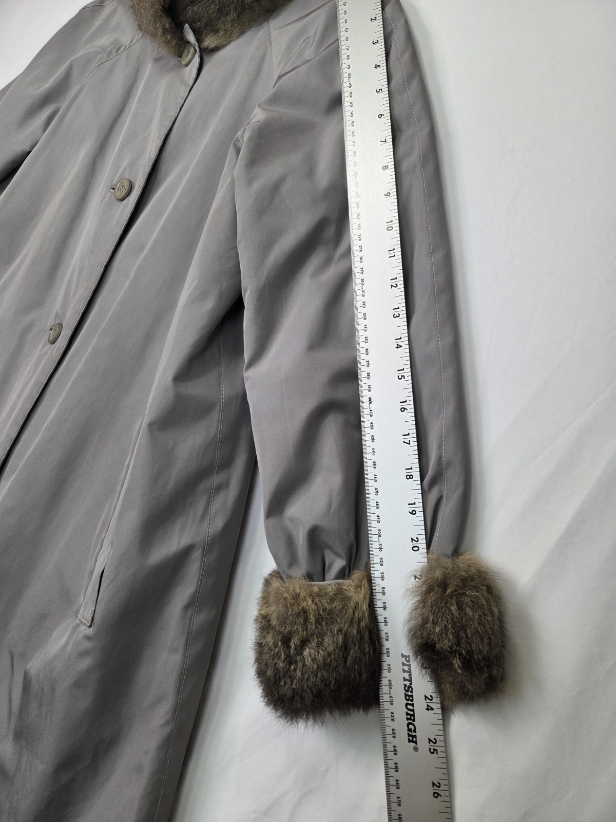 Vintage Bonnie Cashin for Russel Taylor Weatherwear Gray Fur Trim Coat USA Sz 10
