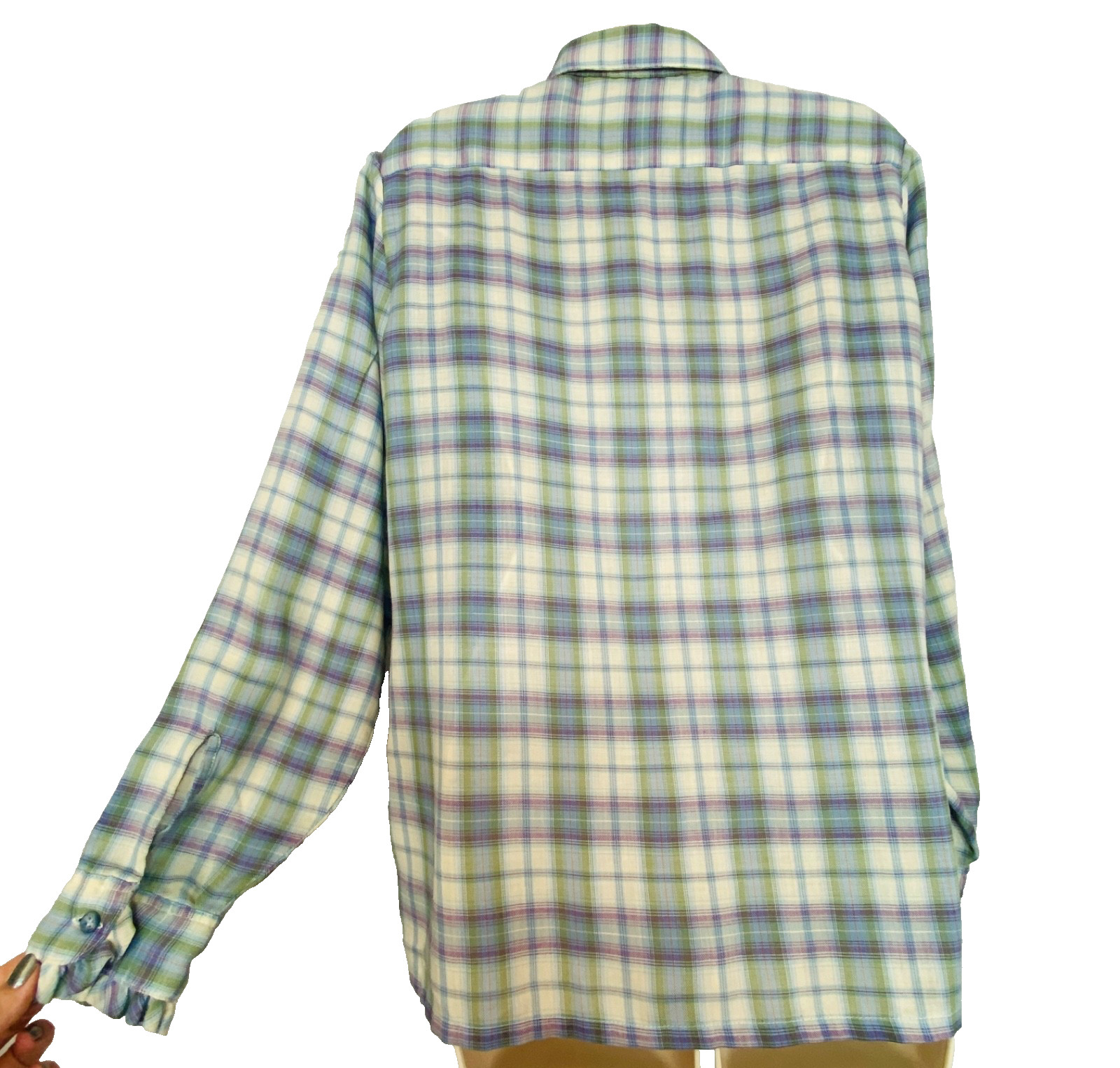 Vintage 1970s purple plaid blouse L ruffle long sleeve white green Victorian