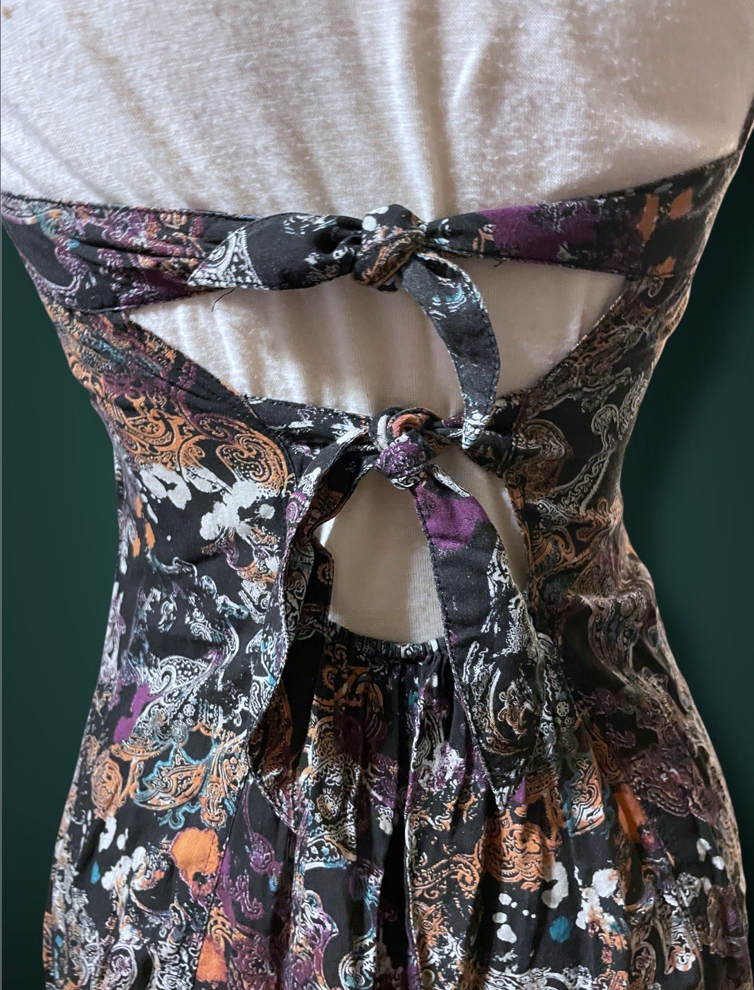1990’s Black & White Paisley Print w Purple, Teal & Rust Bleach Splash Sundress