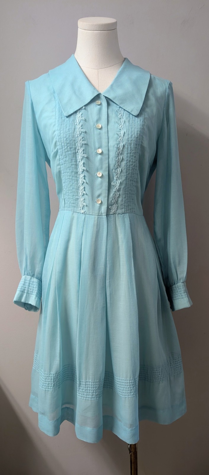 Vintage 60’s Aqua Voile Fit And Flare Dress Sheer Sleeves Pintucks S/M