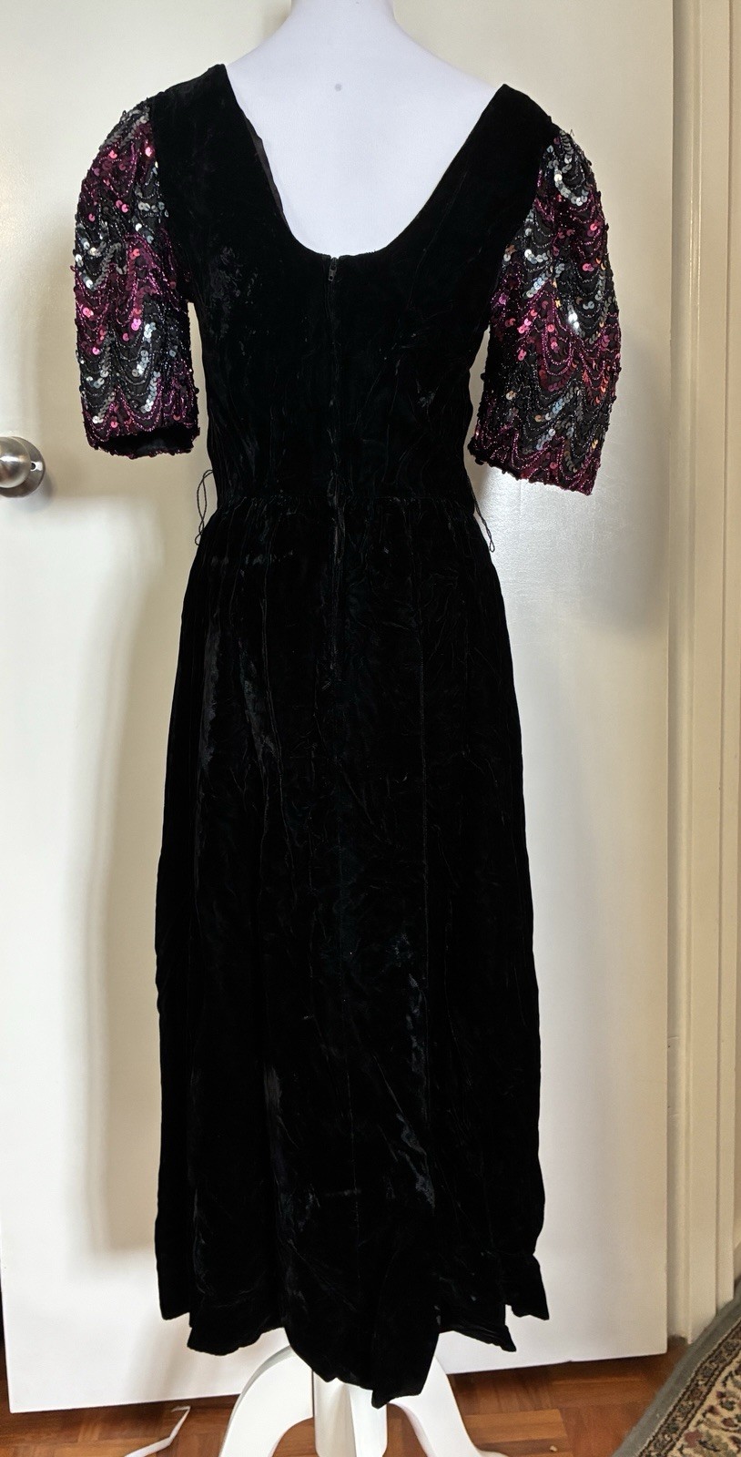 Vintage 80s Black Velvet Sequinned Sleeve Dress Small