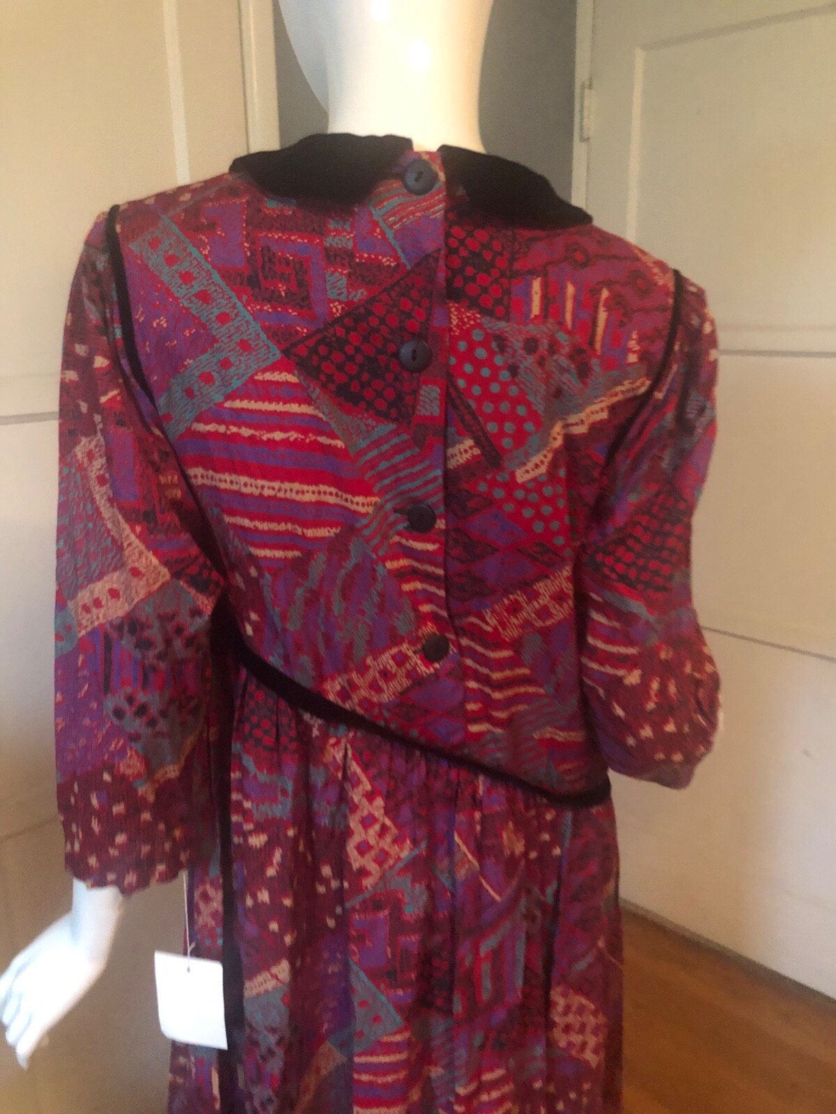 NWT Vtg 80s HORCHOW Dress M Rayon ART PATCHWORK Print COTTAGECORE Collar MIDI