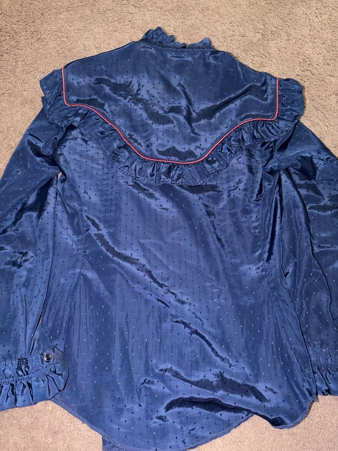 Vintage Miss Rodeo America Navy Blue Western Ruffle Snap-Button Blouse