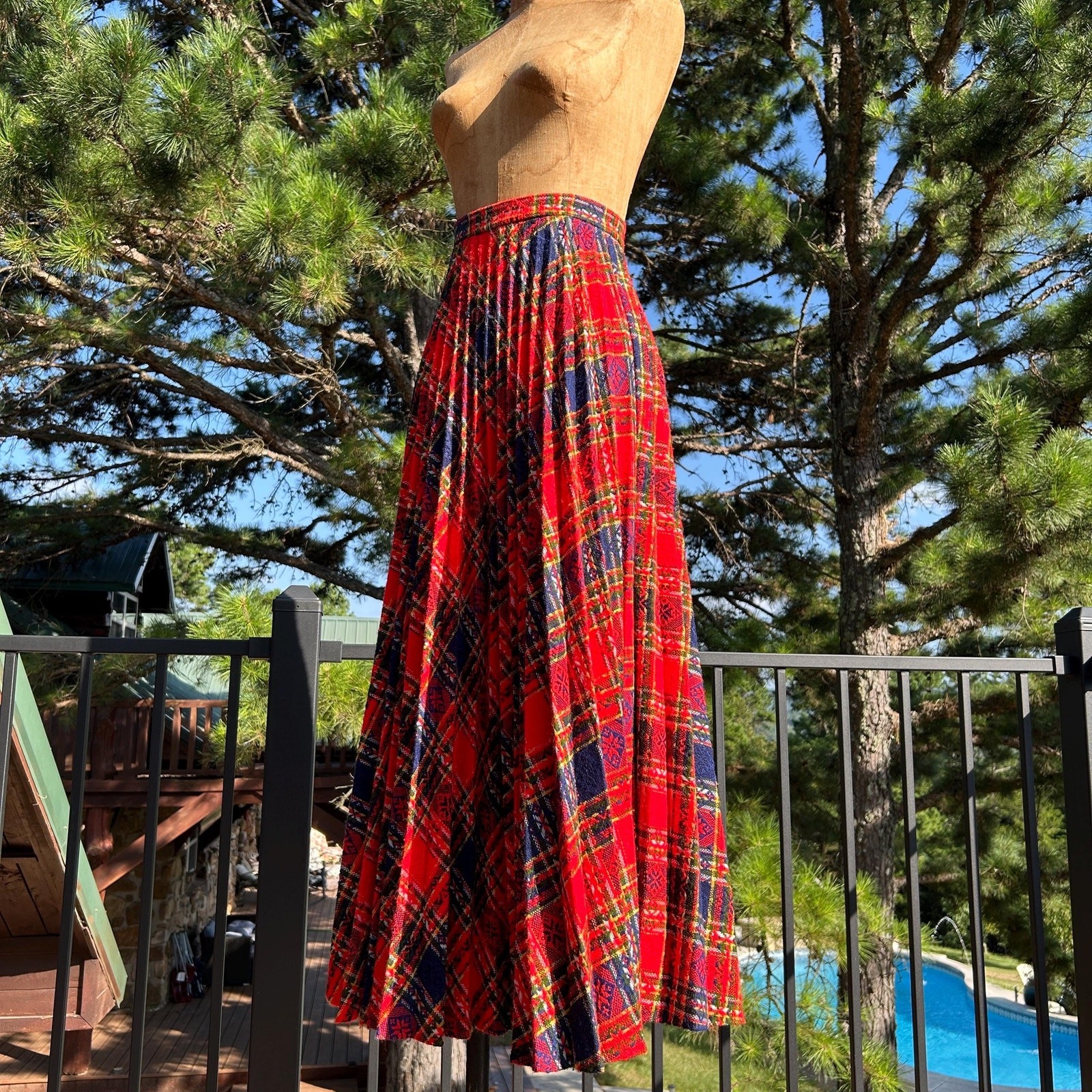 Vintage 60s Bold Tomato Red Plaid Accordion Fan Pleat High Waist Full Maxi Skirt