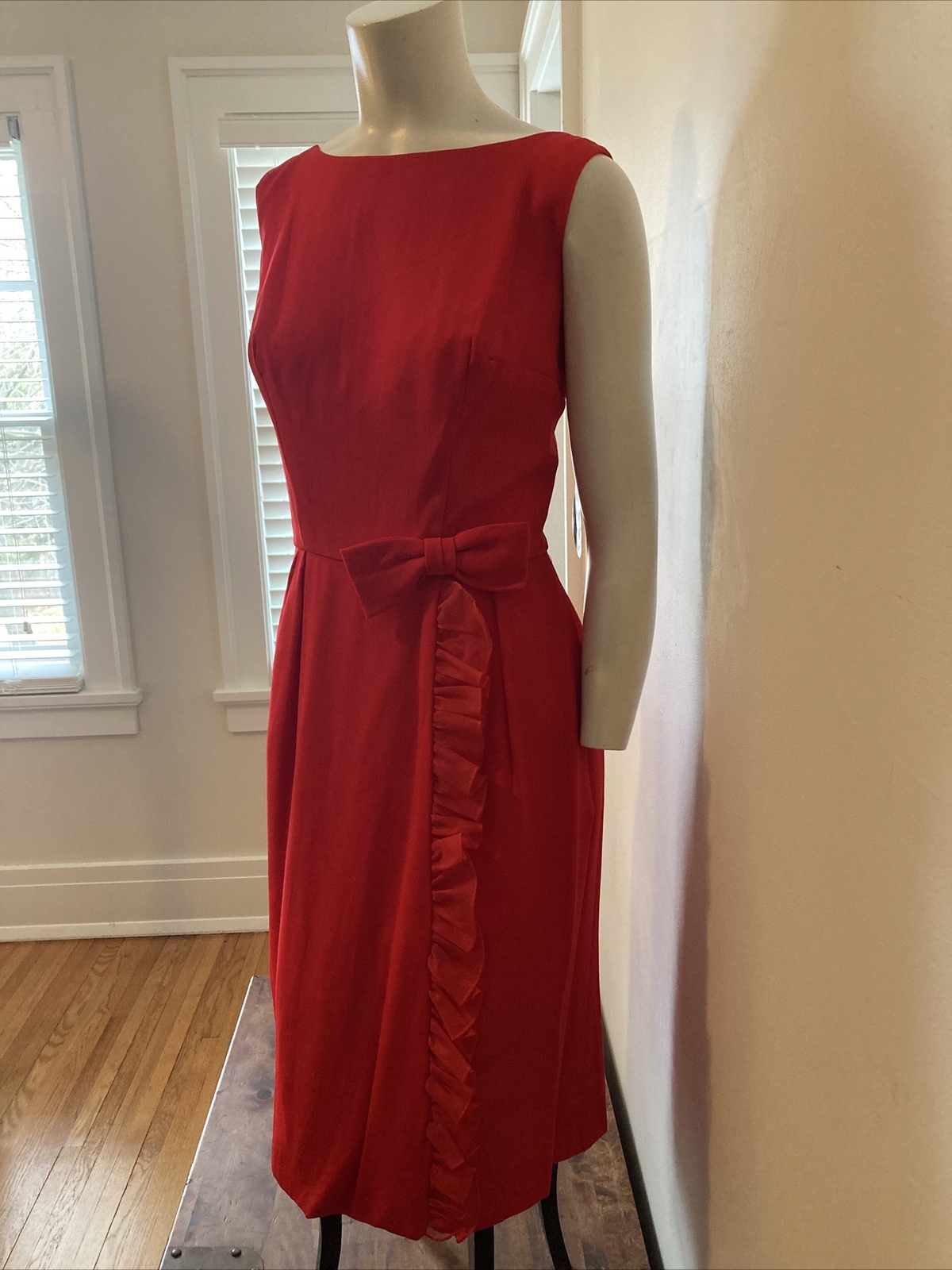 VTG 60’S Modern Chiffon Red Bows Chic BOMBSHELL COCKTAIL PARTY DRESS NOS MINT ML