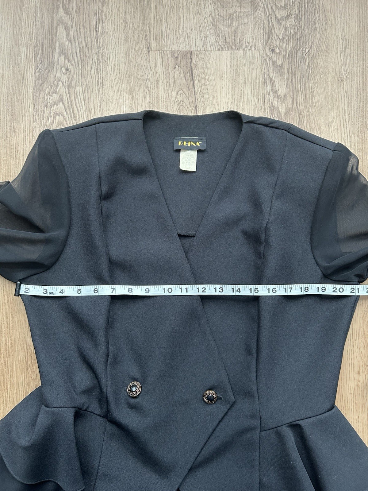 Vintage 90s Black Peplum Blazer Sheer Sleeve Minimalist Jacket