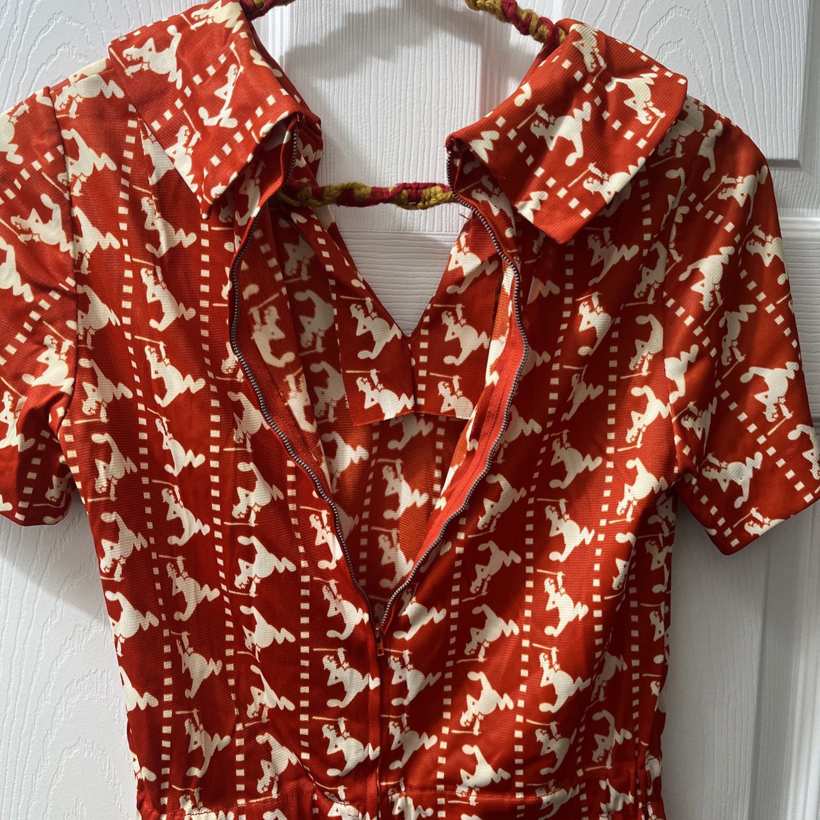 Vintage 1970s Police Novelty Print Dress Orange/Red White Cop Bobby Double Knit