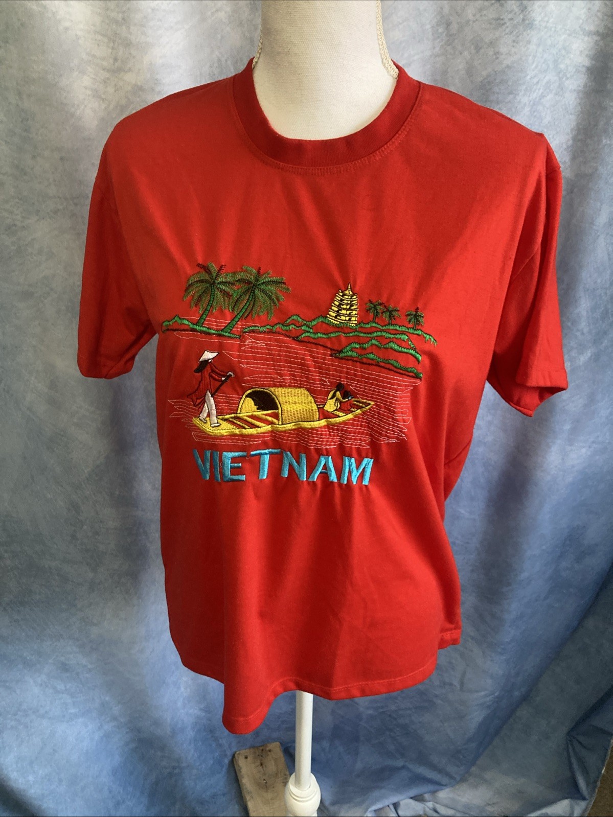 Vintage 1970s Vietnam Souvenir T-Shirt Red Embroidered Sampan Boat Cotton Blend