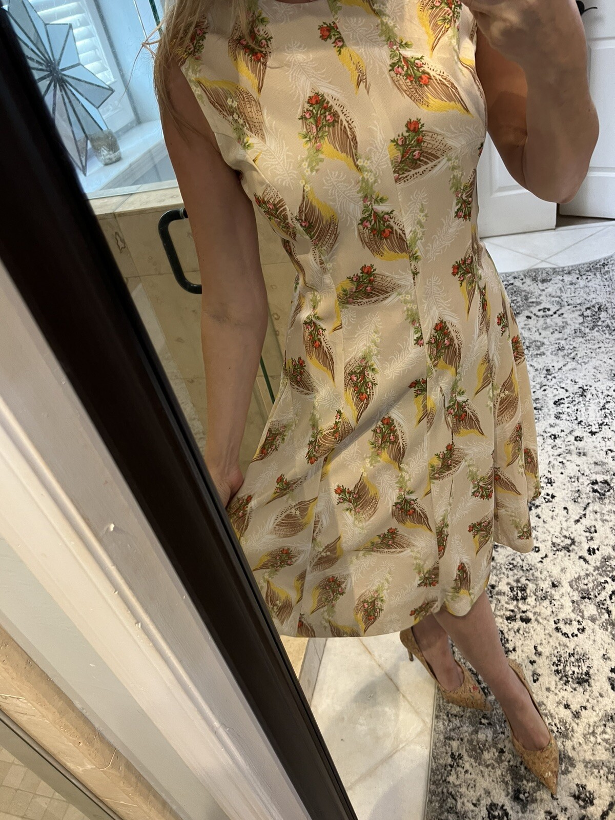 Vintage 70s Sears Tan Pink Floral Print Wheat Brown Midi Dress S M