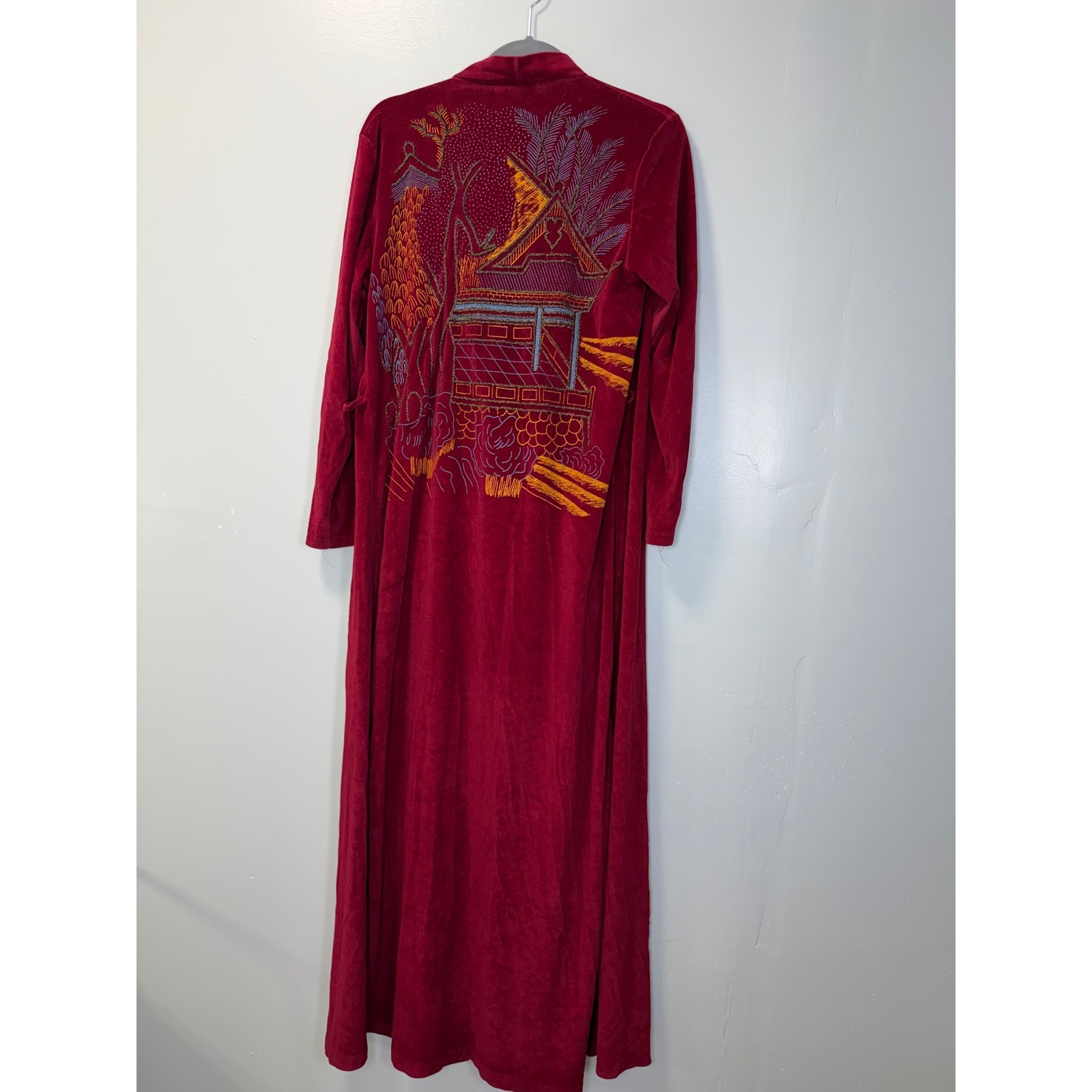 Vintage Paulette New York Red Velour Beaded Pagoda Maxi Hostess Robe Small