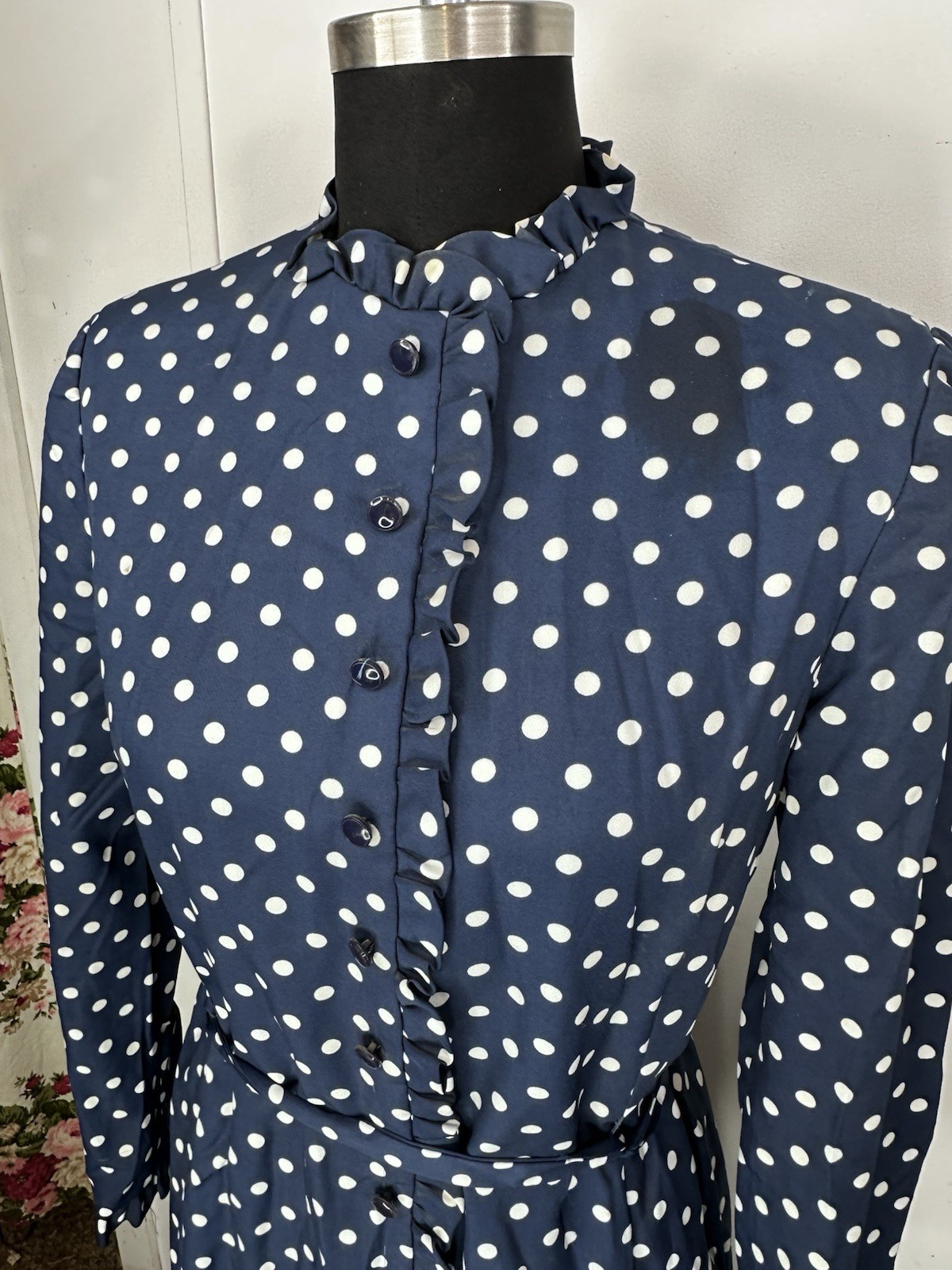 Vtg 50s 60s Navy White Polka Dot S Dark Academia ABE SCHRADER